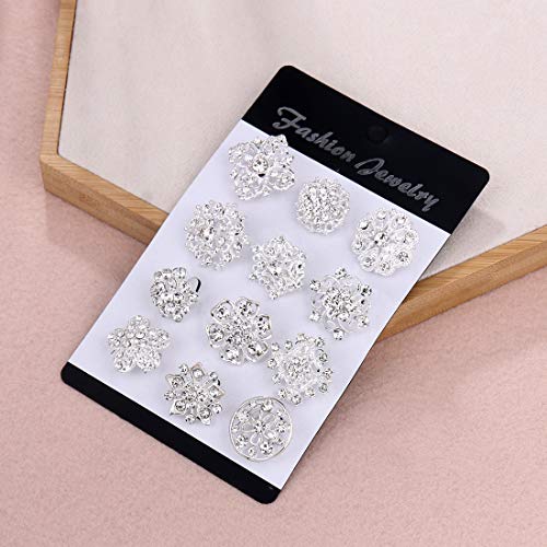 Lot 12pc Small Size Rhinestone Crystal Flower Brooches Pins Set DIY Wedding bridal Bouquet Women Broaches - color: Silver