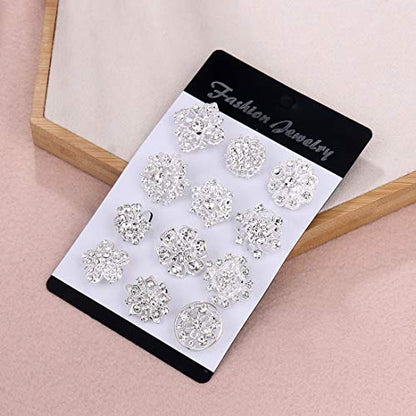 Lot 12pc Small Size Rhinestone Crystal Flower Brooches Pins Set DIY Wedding bridal Bouquet Women Broaches - color: Silver
