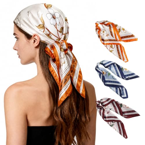 27" Head Scarf Like Satin Silk for Women,Hair Scarves Bandana,Headband Silk Feeling for Hair Wrap - color: Flowers-3