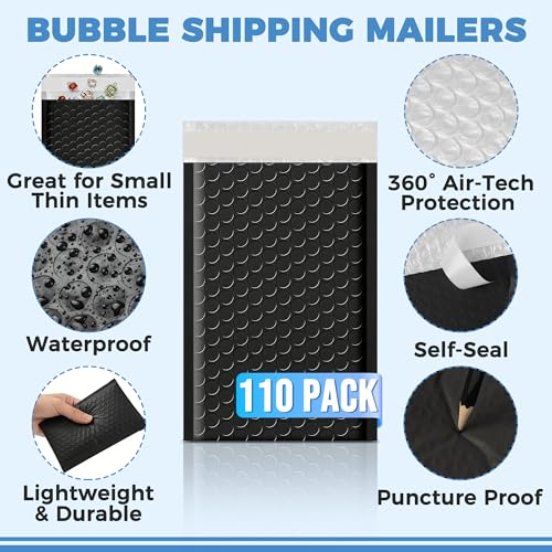110-Pack Bubble Mailer 4'' x 8'' - Self-Sealing Waterproof Small Mailing Envelopes Padded Lightweight Shipping Bags for Accessories, Small Parts, Jewelry, Trading Cards, Compact Items 4x7 Usable Space - color: Black - 110 Pack