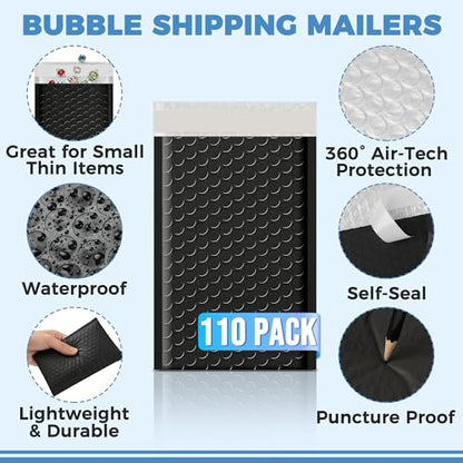 110-Pack Bubble Mailer 4'' x 8'' - Self-Sealing Waterproof Small Mailing Envelopes Padded Lightweight Shipping Bags for Accessories, Small Parts, Jewelry, Trading Cards, Compact Items 4x7 Usable Space - color: Black - 110 Pack