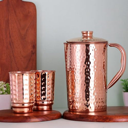 Copper Pitcher with 2 Copper Cups Set | Pure Copper Water Jug & matching tumblers Set for Home & Wellness, Hammered Finish Handcrafted for Daily Hydration & Natural Living