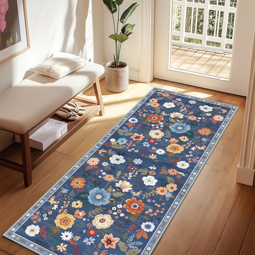 Floral Washable 2x6 Area Rugs Runner Entryway Hallway Blue/Grey - color: Blue/Grey, size: 2' x 6' (Runner)
