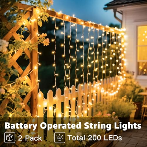 Ollny 2 Pack Battery Operated String Lights 200LED Warm White, Clear Wire - color: Warm White-(Clear Wire), size: 200 LED