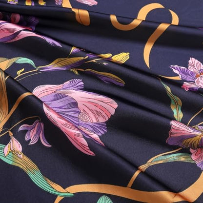 Stlvoll 27.5" Silk Neck Scarf of Women's Fashion Head Scarf Square Neck Satin Scarfs for Bag Hair Scarves Gift - color: Flower/Gold/Black/Purple