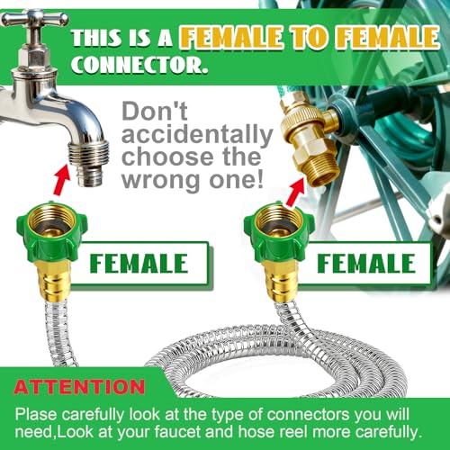 Female to Female Short Garden Hose Adapter 4FT,Hose Reel Connecting Hose | Stainless Steel Leader Hose Connector for Hose Reel,Flexible,Kink-Free & No Leak Outdoor Water Pipe Extension Adapter - size: 4FT