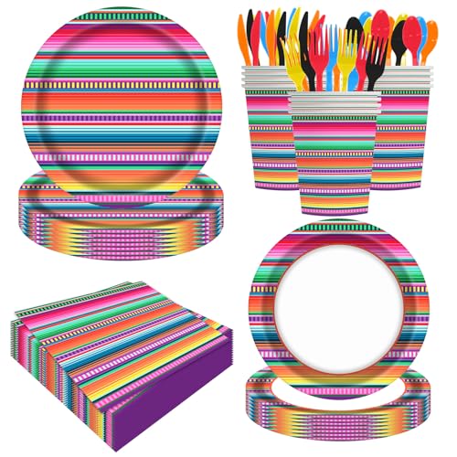 140PCS Mexican Serape Fiesta Plates and Napkins Set, Fit Mexican Themed Paper Dessert Plates, Taco Colorful Stripes Pinata Ponchos Platters Dance Party, Serves 20 Guests - size: Mexican Serape - 140pcs