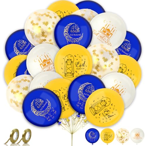 AhfuLife 32 Pcs Eid Decorations Balloons, 12 Inches Large Eid Mubarak Balloon for Home, Blue, White and Gold Latex Balloons for Ramadan Kareem Mubarak Party Supplies