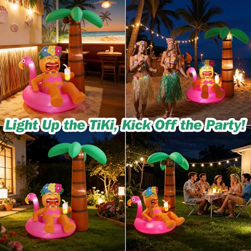 Lewondr 6FT Inflatable Tiki Luau Decor, Flamingo Coconut Palm Luau Party Decorations, Blow up Hawaiian Outdoor Decoration with 7 LED Lights, Summer Outdoor Inflatable for Tropical Pool Beach Yard Lawn - style: Flamingo Coconut Palm