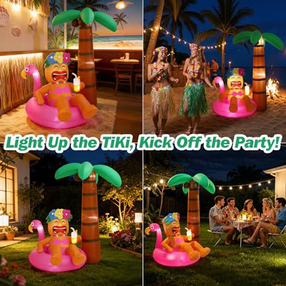 Lewondr 6FT Inflatable Tiki Luau Decor, Flamingo Coconut Palm Luau Party Decorations, Blow up Hawaiian Outdoor Decoration with 7 LED Lights, Summer Outdoor Inflatable for Tropical Pool Beach Yard Lawn - style: Flamingo Coconut Palm