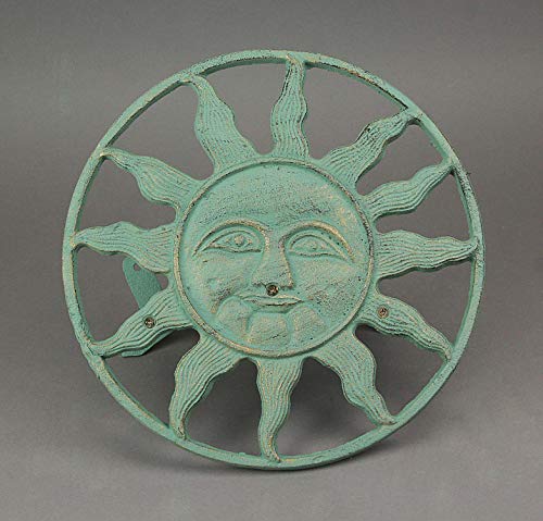 Verdigris Green Finish Cast Iron Sun Face Decorative Wall Mounted Garden Hose Hanger - 12 Inches in Diameter - Simple Installation -75 Foot Capacity Hose Holder | Wall-Mounted Storage, Holds About 75 Feet of Hose, Three-Point Mounting with Bolts and Ancho