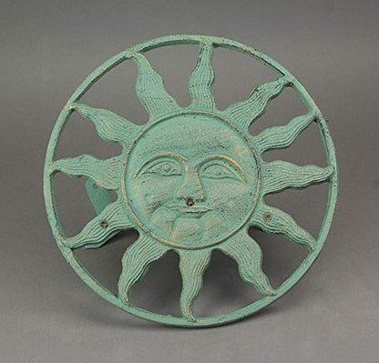 Verdigris Green Finish Cast Iron Sun Face Decorative Wall Mounted Garden Hose Hanger - 12 Inches in Diameter - Simple Installation -75 Foot Capacity Hose Holder | Wall-Mounted Storage, Holds About 75 Feet of Hose, Three-Point Mounting with Bolts and Ancho