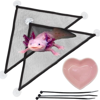 Axolotl Hammock for Aquarium and Ceramic Feeding Dish, Axolotl Hammock, Reptile Triangle Hammocks with Tray Feeder, Axolotls Accessories for Tank, Bearded Dragon Tank Accessories (Black, M) - size: M