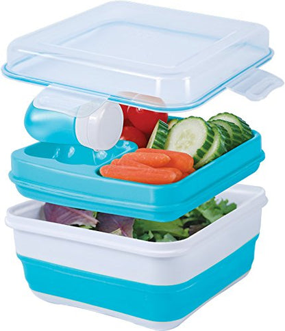 COOL GEAR 2-Pack Large Expandable To-Go Salad Kit Lunch Containers - Square - 52 oz Bowl with 3 Compartments for Toppings and Salad Dressing Bottle | Bento Meal Prep