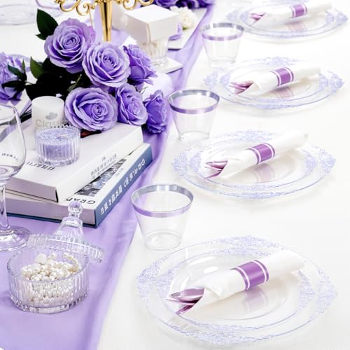Hioasis 175pcs Clear and Purple Plates - Party Plates for 25 Guest, Include 50 Heavy-duty Plates(20% Thicker Than Standard), 25 Pre Rolled Plastic Silverware Set, 25 Cups for Graduation - color: Clear and Purple