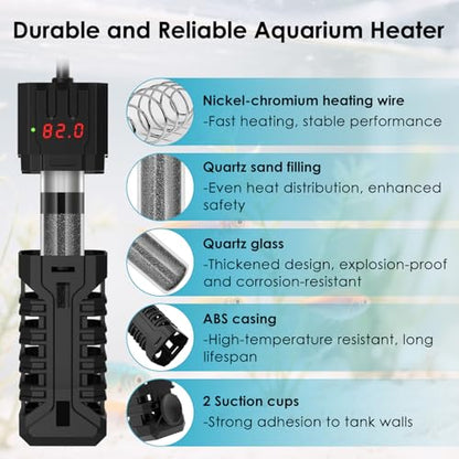100W Aquarium Heater, Adjustable Fish Tank Heater, with Digital Display, Overheat Protection & Dry Run Protection, for 10-20 Gallon Water - size: For 10-20 Gal