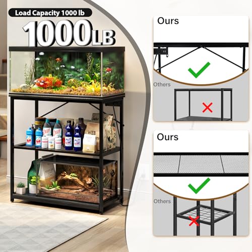TC-HOMENY Fish Tank Stand 10,20,29,37 Gallon, 1000LB Capacity Aquarium Stand with Built-in Outlet, 31"L x 16"W Metal Reptile Tank Stand, Double Storage Design Adjustable Shelves, Black (Tank not Included)