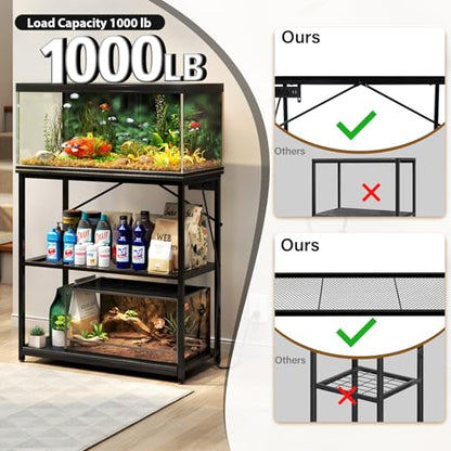 TC-HOMENY Fish Tank Stand 10,20,29,37 Gallon, 1000LB Capacity Aquarium Stand with Built-in Outlet, 31"L x 16"W Metal Reptile Tank Stand, Double Storage Design Adjustable Shelves, Black (Tank not Included)