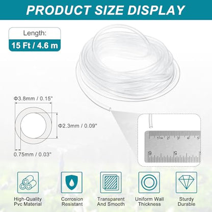 uxcell Clear PVC Tubing, 2.3mm ID x 3.8mm OD - 15ft PVC Tube Lightweight Vinyl Hose, Transparent Flexible Plastic Water Tubing for Air Oil Water Transfer Aquarium Irrigation - size: 2.3mm ID x 3.8mm OD