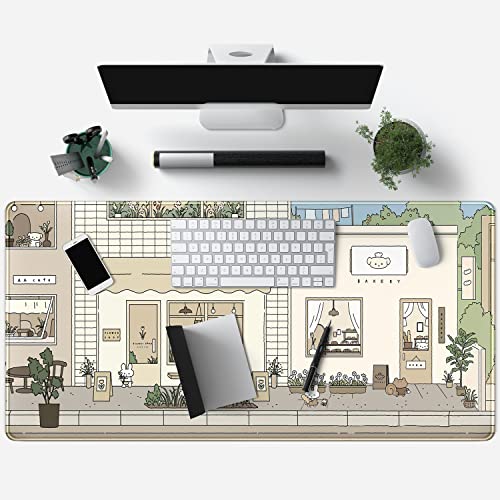 Cute Desk Mat Kawaii Mousepad Bunny and Bear Cute Anime Japanese Street Pastel Beige Brown and Green Mouse Pad, Extra Large Deskmat Cut Laptop Pad - color: Cute White Rabbit