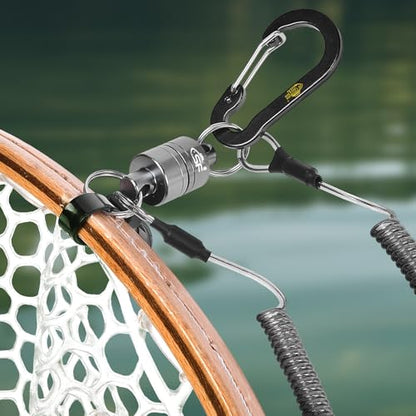 SF Strongest Magnetic Net Release Magnetic Keychain Fly Fishing Net Retractor Magnet Clip Holder Retractor with Retractable Coiled Lanyard Carabiner - color: Gunmetal Magnet+ Black Aluminum Alloy Hook