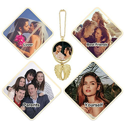 PiercingJ Custom Photo Rearview Mirror Car Charm Double Side Picture Engraving Car Hanging Ornament Angel Wing Car Charm Gift for Men Women Gold - color: Gold-1 Pc