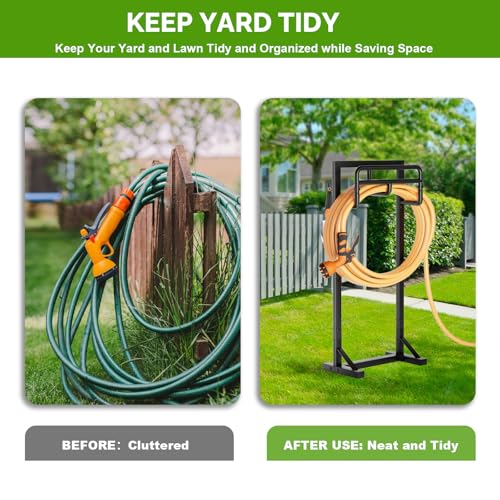 Garden Hose Holder with Stable Base and Tool Hooks, GAVISCITY Heavy-Duty Metal Hose Hanger Garden Hose Storage Holds 151Ft Hose, Rustproof Freestanding Water Hose Holder for Outside, Yard, Lawn, Black - color: Black