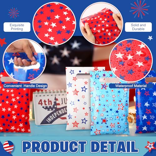 Geyoga 100 Pcs Patriotic Party Favor Bags Bulk 10 x 6 4th of July Gift Bags with Handles Red White Blue Treat Bag 250th Anniversary Plastic USA Flag Candy Bag for Independence Day Party Supplies - style: Independence Day