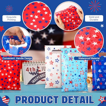 Geyoga 100 Pcs Patriotic Party Favor Bags Bulk 10 x 6 4th of July Gift Bags with Handles Red White Blue Treat Bag 250th Anniversary Plastic USA Flag Candy Bag for Independence Day Party Supplies - style: Independence Day