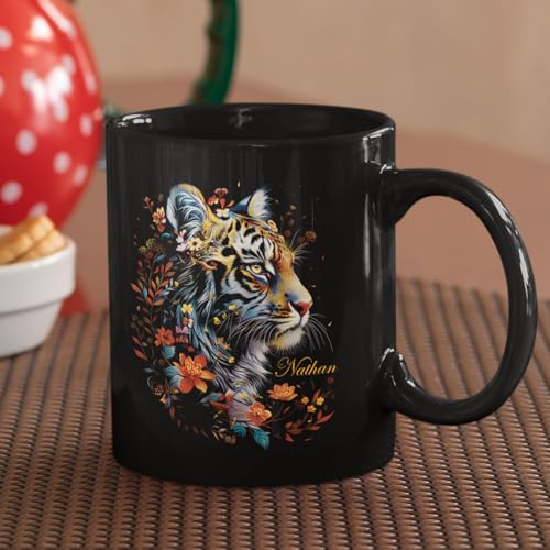 Tiger Mug, Customized Floral Coffee Cup 11oz 15oz, Personalized Wildlife Enthusiasts Black Mug, Custom Name Animal Ceramic Cup, Mug Gift For Nature Lovers, Flower Cup For Mom - color: THU-924-1960-Tiger