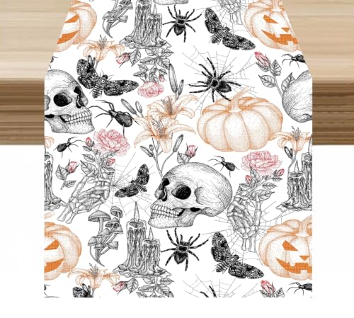 Skull Table Runner Watercolor Pumpkin Skull Moth Flowers Pattern Decor for Indoor Outdoor Party Dinner Festival Farmhouse Holiday Home Kitchen Dining Room, 13x36in - color: Skeleton-white, size: 13x36in