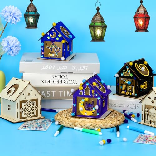 MUOUAKATE 9PCS Ramadan Crafts Wooden House with 24 Paint Pens, Ramadan Activities for aldults, Islamic DIY Ramadan Goodies for Eid Mubarak Gifts Favors Party Supplies Bulk Decorations - style: Ramadan Eid