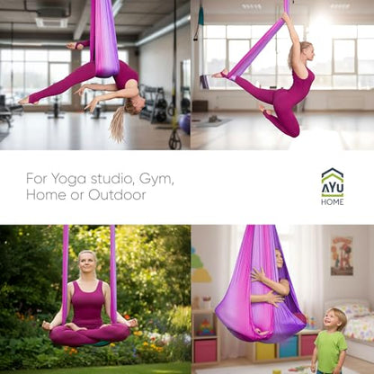 AyuHome Aerial Silks Kit for Home - Premium Yoga Swing for Adults with 660 lbs Capacity - Versatile Aerial Yoga Hammock for Gymnastics Training - color: Aerial silk - Purple & Pink - New