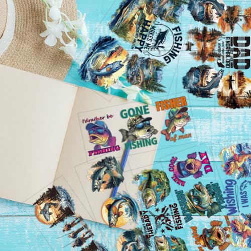 arricraft 10 Pcs Colorful Go Fishing Theme Cup Printing UV Transfer Papers, 10 Styles Streamside Lake Fores Boat Fisherman UV DTF Cup Wrap Stickers for 16 OZ Glass Cups Crafts 9.5x4.3inch - style: Go Fishing Theme
