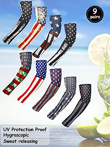 Geyoga 9 Pairs Arm Sleeves for Men Women Compression UV Sun Protection Arm Sleeves USA Flag 250th Anniversary Breathable Cooling Sleeve for Baseball Football Cycling Outdoor Sports