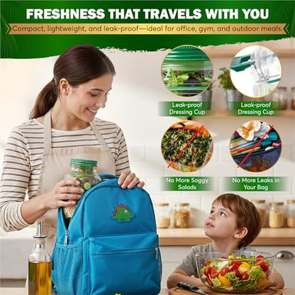 Salad Jar with Side Opening, 35oz Leakproof Salad Container with Dressing Cup, Reusable Cutlery & Cleaning Cloth, BPA-Free Tritan Lunch Jar for Meal Prep, Office, Gym, Travel & Healthy Lunches