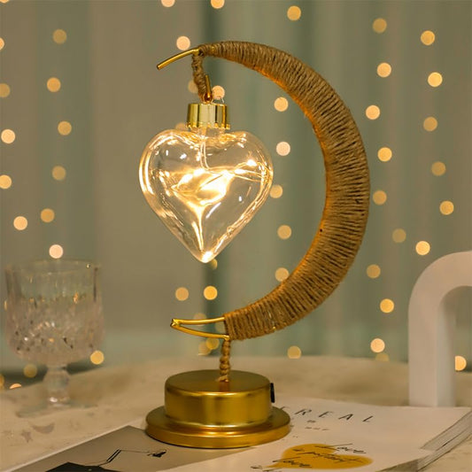 Rattan Moon Table Lamp with Glass Heart, Romantic LED Night Lights, Ramadan Decorations for Bedroom, Nightstand, Desk, Living Room, Creative Gifts, USB Plug in, 10.2"×6.6" - style: Glass Heart