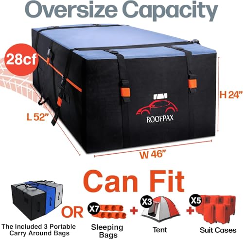 XXL 28 cuft Car Rooftop Cargo Carrier Bag Extra Waterproof Car Roof Storage with 10 Heavy Duty Tie Down Straps and 4 Hooks Roof Bag Cargo Carrier for Top of Vehicle with/Without Rack - size: 28 cubic feet