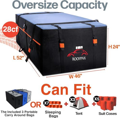 XXL 28 cuft Car Rooftop Cargo Carrier Bag Extra Waterproof Car Roof Storage with 10 Heavy Duty Tie Down Straps and 4 Hooks Roof Bag Cargo Carrier for Top of Vehicle with/Without Rack - size: 28 cubic feet