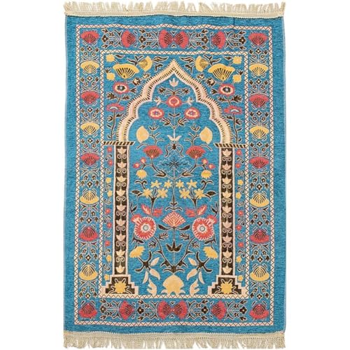 Muslim Prayer Rug, Soft Plush Thin Islamic Prayer Mat, Travel Janamaz, Sajada Tassel Praying Carpet, Ramadan Eid Hajj Gift - color: Blue