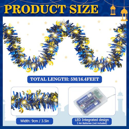Kingdder 16.4 ft Ramadan Garland Decorations Metallic Garland with 50 LED Lights Hanging Star Crescent Moon with Light Foil Tinsel for Eid Al-adha Party Decor