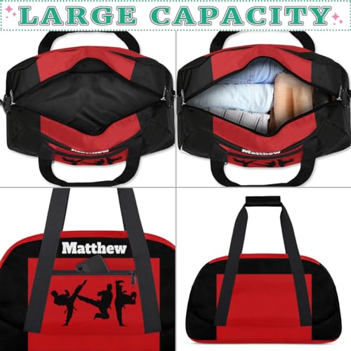 Custom Sports Gym Bag for Boys, Martial Art Silhouette Black Red | Personalized Named Practice Travel Overnight Training Bag - color: Color 1