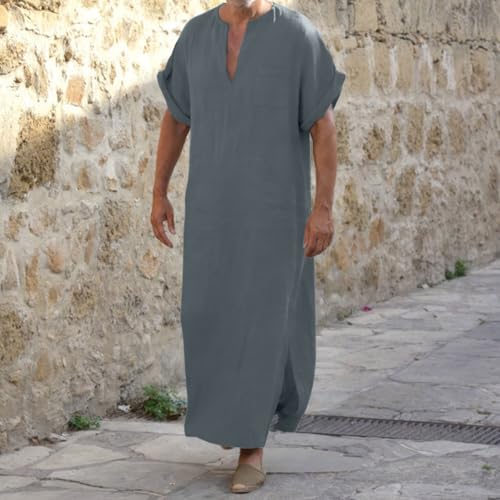 Mens Kurta Linen V Neck Long Sleeve Kaftan Casual Modern Everyday Thobes Soft Breathable Lightweight Kurta - color: 02#_grey, size: 3X-Large
