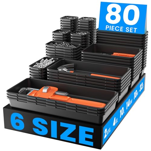 【𝟲𝗦𝗜𝗭𝗘 & 80PCS】A-LUGEI Tool Box Organizer【Fits 100+ Tools】 Black Garage Organization and Storage Tray Divider Set, Desk Drawer Organizer, Toolbox for Rolling Tool Chest Cart WorkBench Small Part