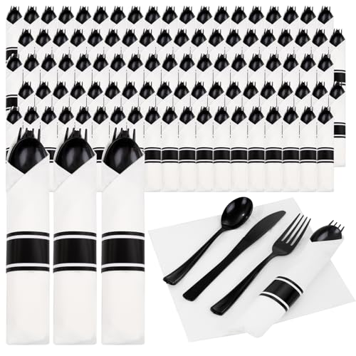 Supernal 120pack Pre Rolled Black Plastic Silverware Set Disposable - color: White/Black, size: 120 Pack
