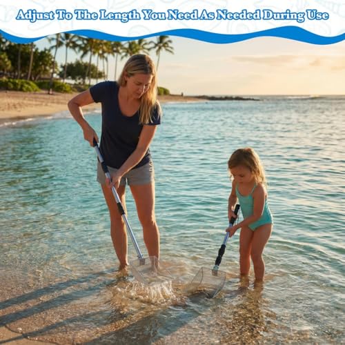 Upgraded 2Pcs Shark Tooth Sifter,Beach Sand Shovel Set,Effortless Angled Design Sand Scoop Shell Scooper for Easy Digging,Reinforced Head,Telescoping Handle for Kids Adults (2pcs Sand Sifter)
