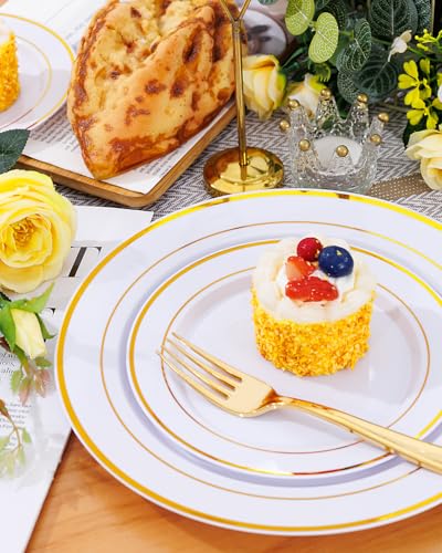 Supernal 60PCS Gold Plastic Dinnerware Set (Service for 12 Guests) - Heavy Duty White Gold Plates with Disposable Silverware for Graduation Party, Summer Wedding, BBQ & Birthday - color: 60pcs White and Gold Plastic Dinnerware set