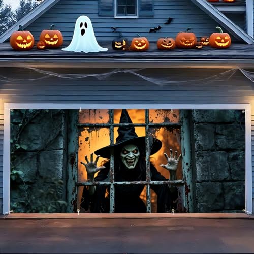 6X13FT Halloween Witch Garage Door Cover Decorations Halloween Scary Witch Garage Door Banner for Outdoor Indoor Halloween Decorations Party Photography Backdrop - color: witch, size: 6*13 ft