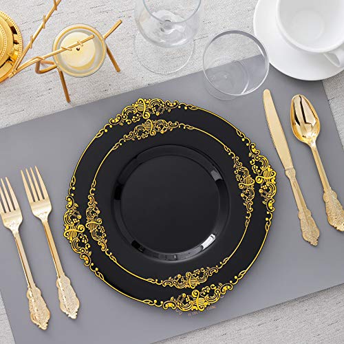 Hioasis 175pcs Black and Gold Plates - Black Party Plates for 25 Guest, Include 50 Heavy-duty Plates(20% Thicker Than Standard), 75 Cutlery Set, 25 Napkin, 25 Cups for Graduation - color: Black and Gold
