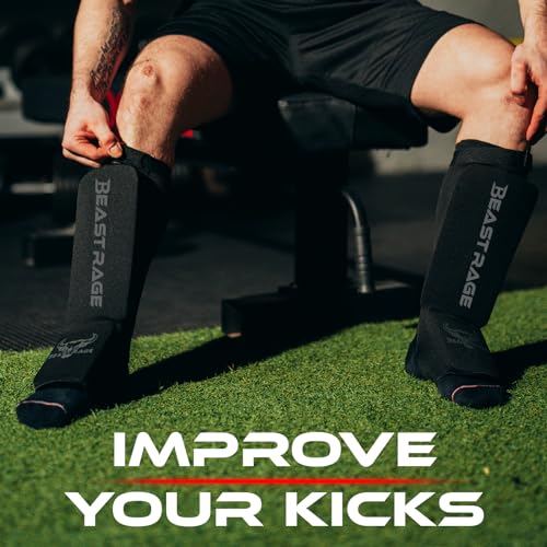 BEAST RAGE Shin Guards for Muay Thai, Kickboxing, MMA Leg Guards Martial Arts Taekwondo, Boxing, Elasticated Sock Padded Leg Instep Pads, Shin Pads,Sparring Training, Karate BJJ - color: BLACK, size: X-Large